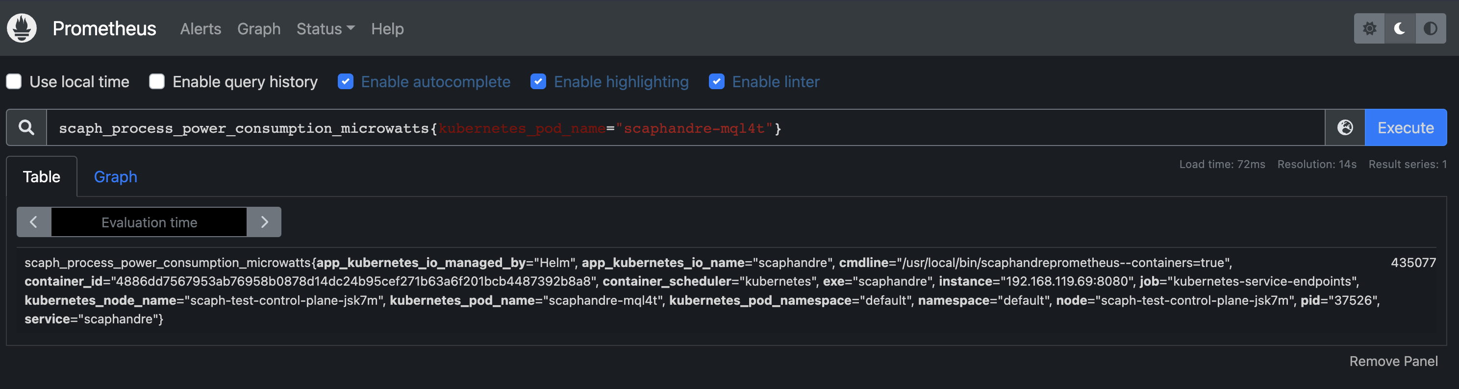 Prometheus query for Scaphandre data